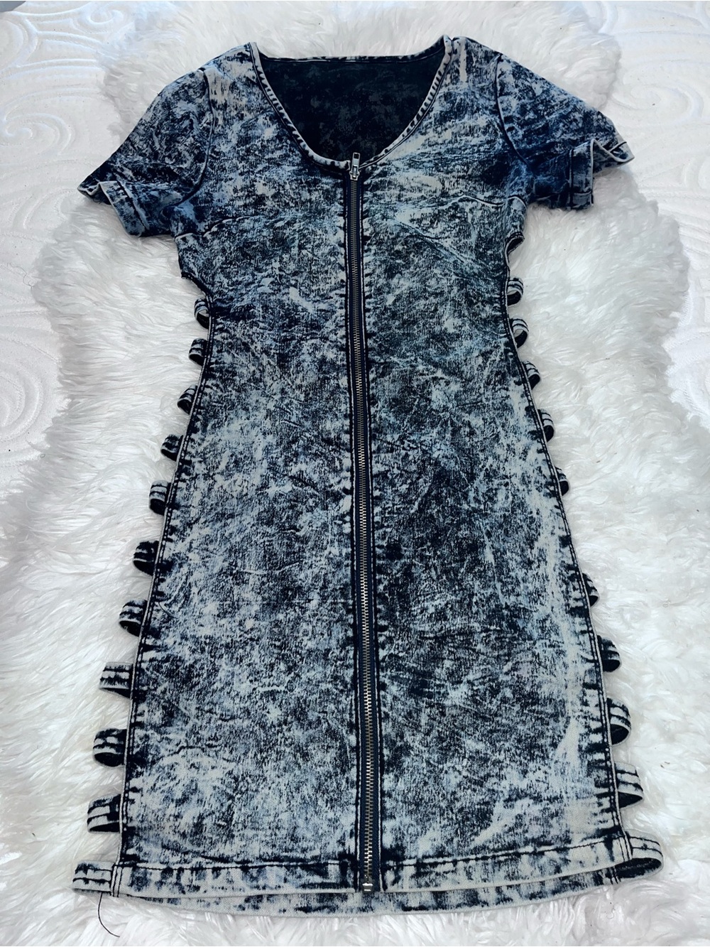 VIP Acid-Wash Black Mini Dress with Front Zip